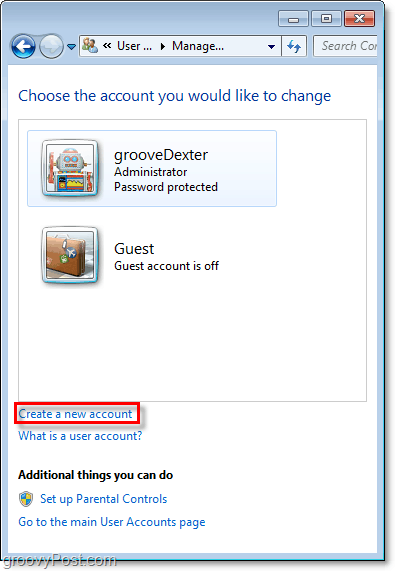 Windows 7 kontu pārskatu lapā izmantojiet saiti, lai izveidotu jaunu kontu