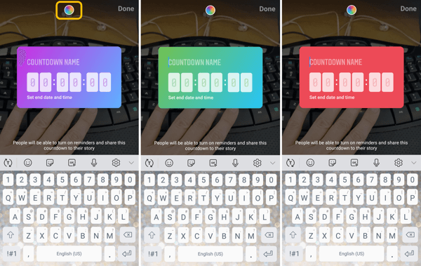 Kā lietot Instagram Countdown uzlīmi uzņēmējdarbībai, 5. solis Countdown uzlīmes krāsu opcijas.