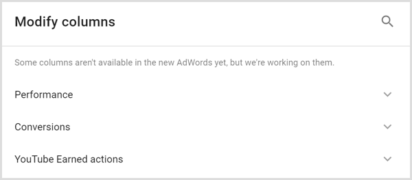 Google AdWords analīzes modificē kolonnu ekrānu