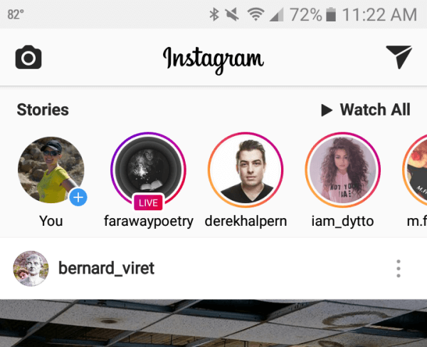 Instagram stāsti tiek parādīti jūsu jaunās plūsmas augšdaļā.