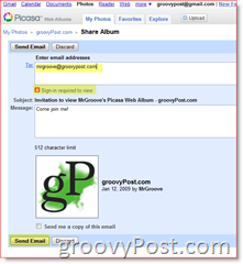 Kopīgojiet ielūgumu pierakstīties nepieciešamajā Picasa tīmekļa albumā:: groovyPost.com