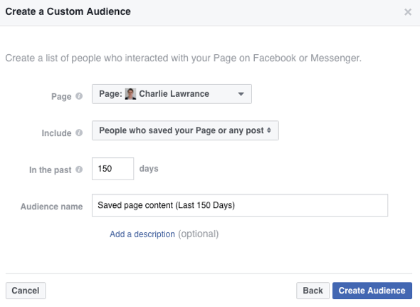 Izveidojiet pielāgotu auditoriju no cilvēkiem, kuri ir saglabājuši jūsu Facebook lapu vai ziņu.