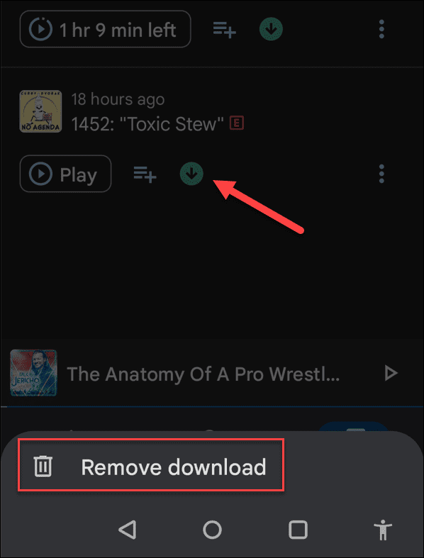 noņemt lejupielādētās aplādes Google Podcasts Android