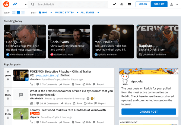 Kā reklamēt savu biznesu vietnē Reddit, piemēram, Reddit mājas lapas piemērs un populāras satura plūsmas