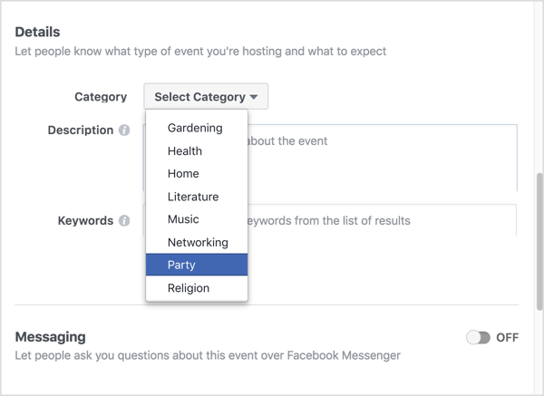Izvēlieties kategoriju, kas vislabāk raksturo jūsu virtuālo Facebook notikumu.