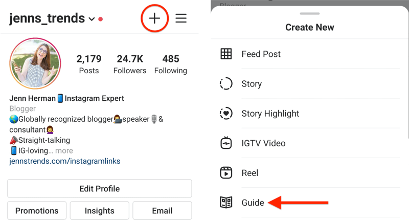 instagram profila piemērs ar izceltu ikonu + un izveidotu jaunu uznirstošo izvēlni, kas parādīta ar ceļveža opcijas izcelšanu
