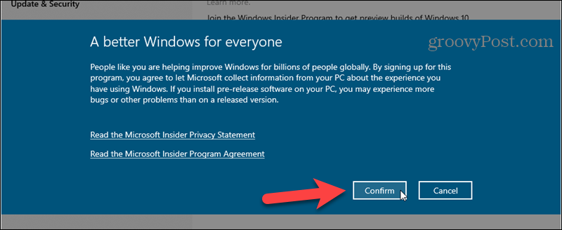 Apstipriniet reģistrēšanos programmā Windows Insider