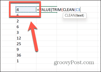 Excel vērtība apgriezt tīru atlasīt šūnu