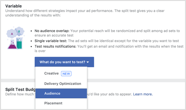 Facebook reklāmas sadalījuma testa mainīgais