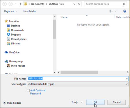 Outlook 2016 - izvēlieties PST faila nosaukumu un atrašanās vietu