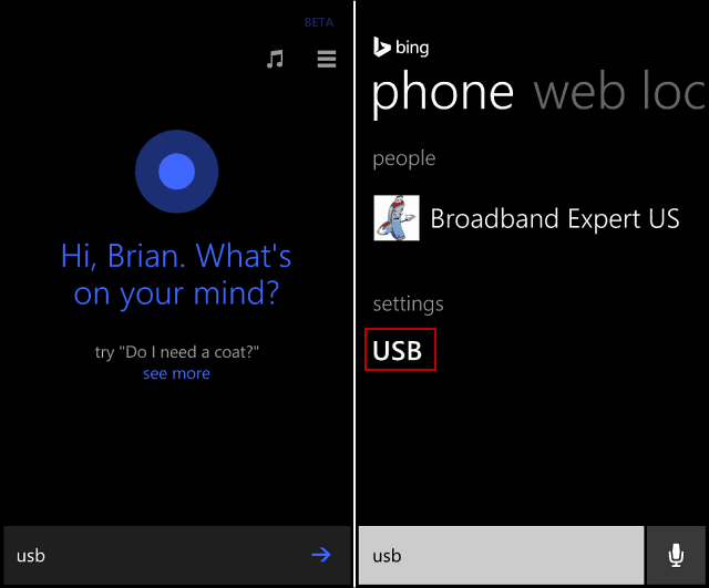 Cortana USB meklēšana