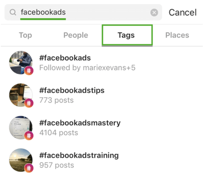 Kā stratēģiski attīstīt savu Instagram, veicot 9. darbību, atrodiet atbilstošas ​​atsauces, meklējiet piemēru “facebookads”