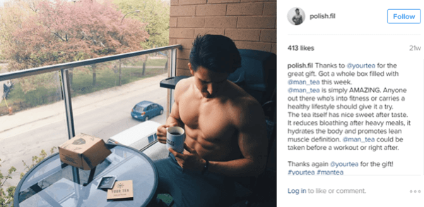 Mikroefektors Filips Tomaševskis pozē ar Man Tea un dalās ieguvumos ar saviem Instagram sekotājiem.
