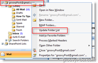 Atjauniniet iMAP GMAIL mapju sarakstu Outlook 2007 navigācijas rīkjoslā