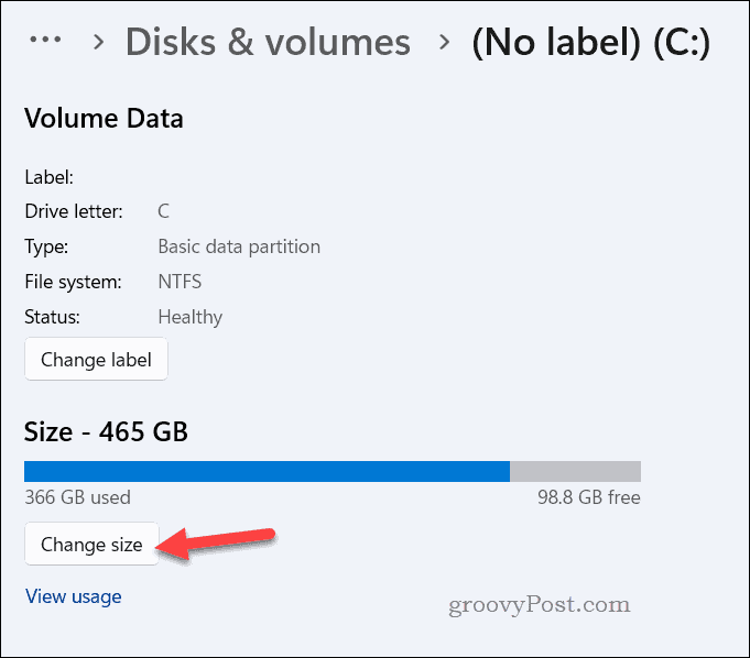 Diska izmēra maiņas poga Windows 11 iestatījumos