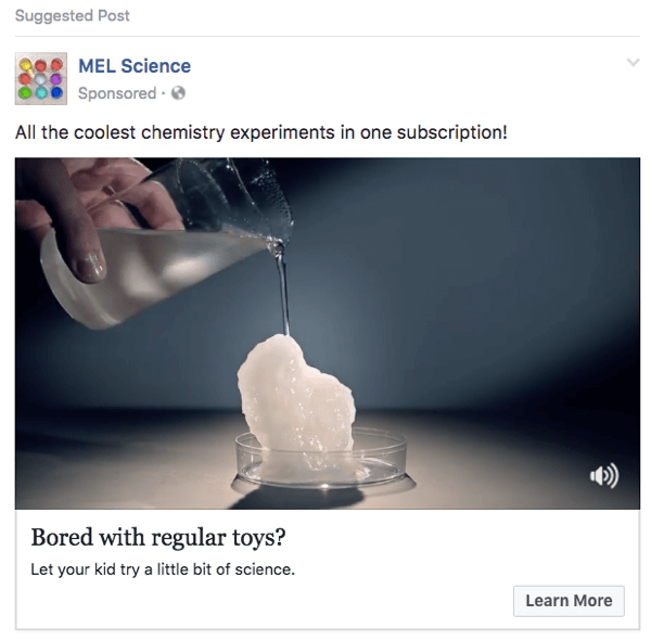 Šajā MEL Science Facebook reklāmā tiek izmantoti YouTube videoklipu klipi.