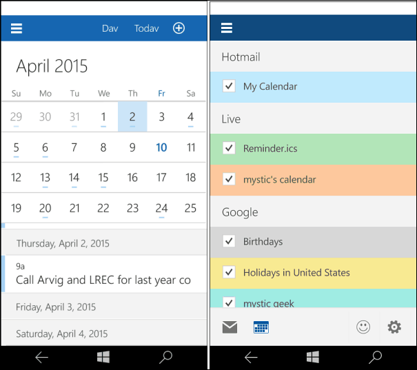 Windows 10 tālruņu kalendāram