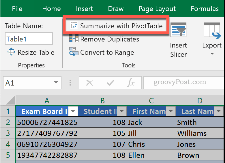 Šarnīra tabulas izveidošana no esošās tabulas programmā Excel