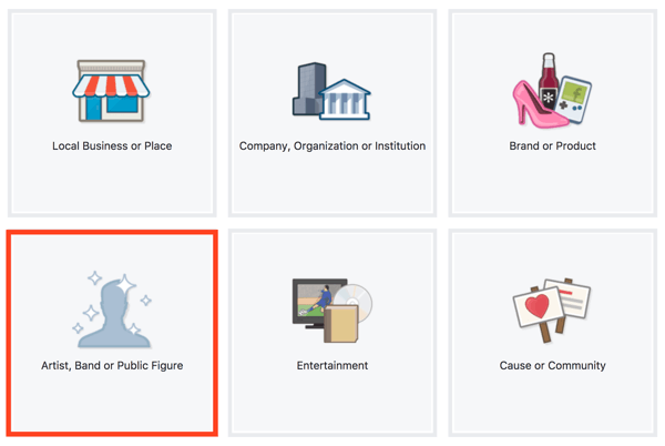 Kā Facebook lapas veidu atlasiet Artist, Band vai Public Figure.