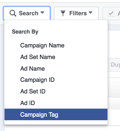 Meklējiet Facebook reklāmas kampaņas pēc taga.