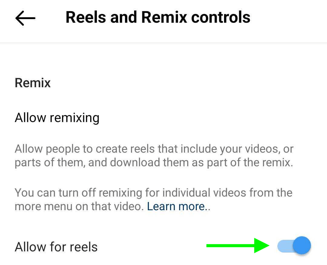 Reels un Remix Controls attēls Instagram uzņēmuma profila iestatījumos