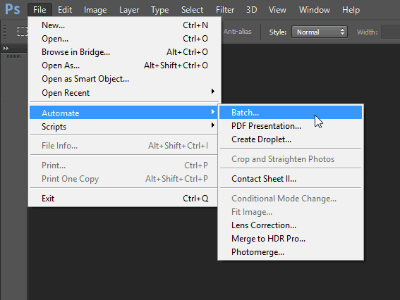 failu automatizēt paketi Photoshop pakešu rediģēšanas funkciju izvēlnes panelis