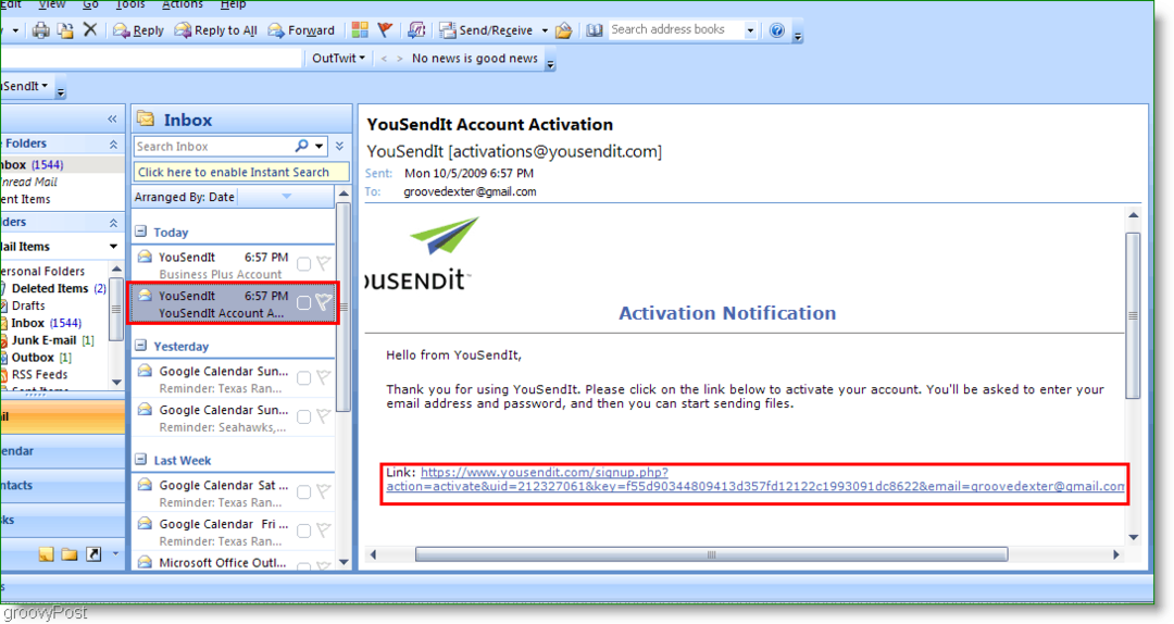 YouSendIt aktivizācijas saite programmā Outlook