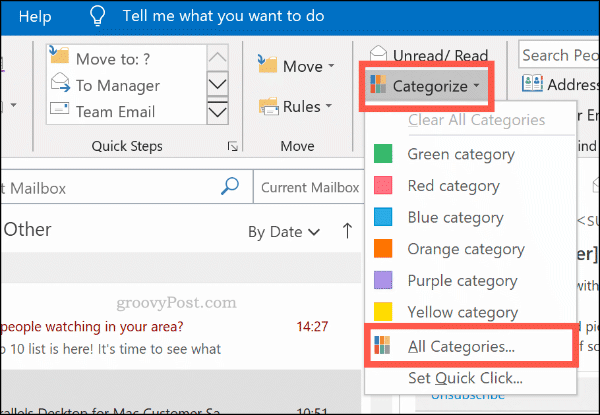 Kategoriju izvēlne krāsu kategorijām programmā Outlook