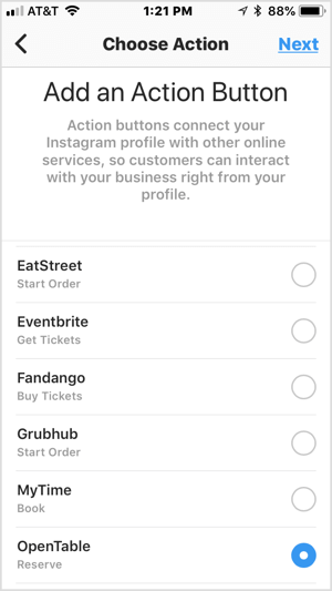 Izvēlieties darbības pogu, lai to pievienotu savam Instagram biznesa profilam.