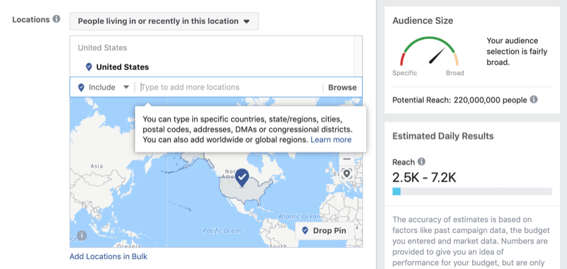 Mērķauditorijas atlase pēc atrašanās vietas Facebook reklāmu pārvaldniekā