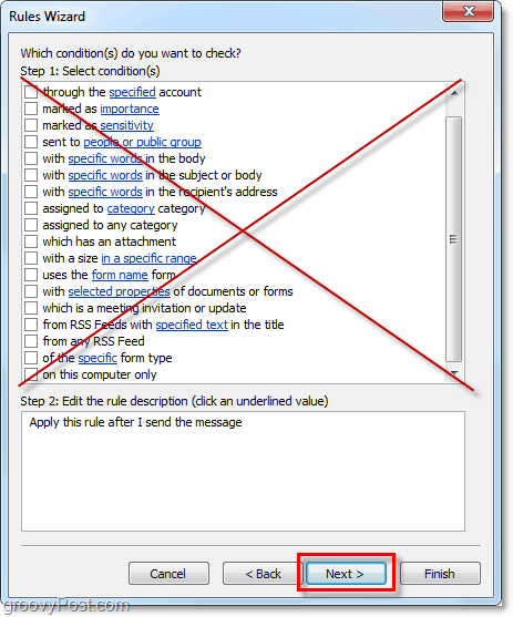 neizvēlieties nosacījumus Outlook 2010 nosūtītiem e-pasta ziņojumiem