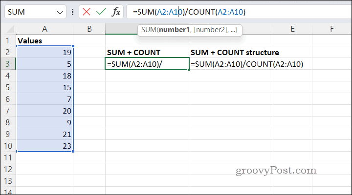 Vidējo vērtību aprēķināšana, izmantojot SUMCOUNT programmā Excel