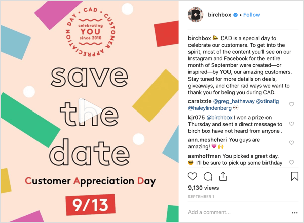 Birchbox Instagram konts sekotājus cienāja ar darījumiem, dāvanām un pārsteigumiem, atzīmējot klientu novērtēšanas dienu.