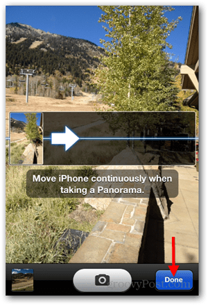 Uzņemiet iPhone iOS Panoramic Photo - pieskarieties Gatavs