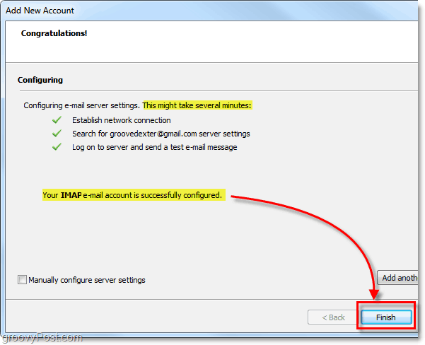 noklikšķiniet uz pabeigt, kad jūsu IMAP e-pasta konts ir konfigurēts