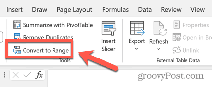 Excel konvertēt uz diapazonu pogu