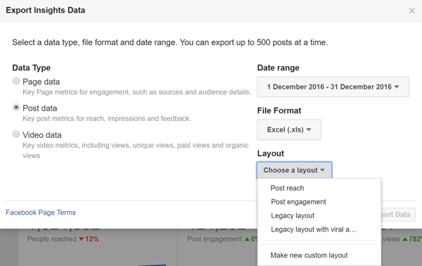 Eksportējot Facebook Post Data Insights, izvēlieties izkārtojumu.