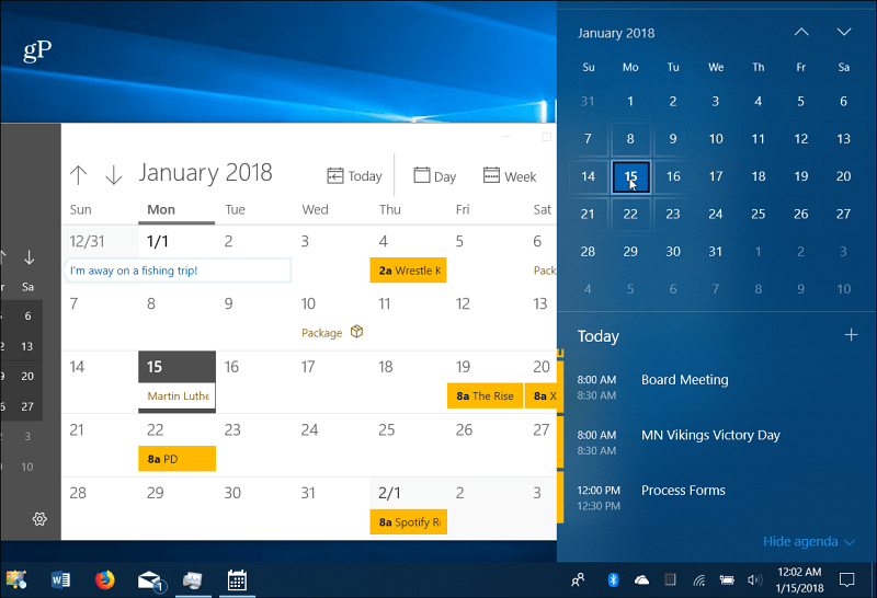 Kalendāra notikumi Windows 10 uzdevumjosla