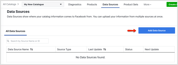 Poga Pievienot datu avotu Facebook kataloga pārvaldnieka cilnē Datu avoti