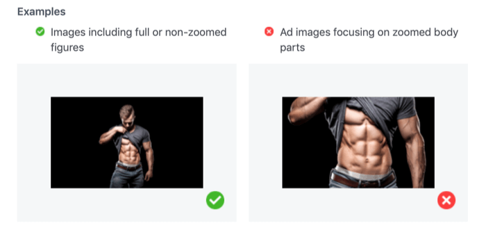 pieņemamas un nepieņemamas fotogrāfijas, kurās redzamas pietuvinātas ķermeņa daļas Facebook reklāmām