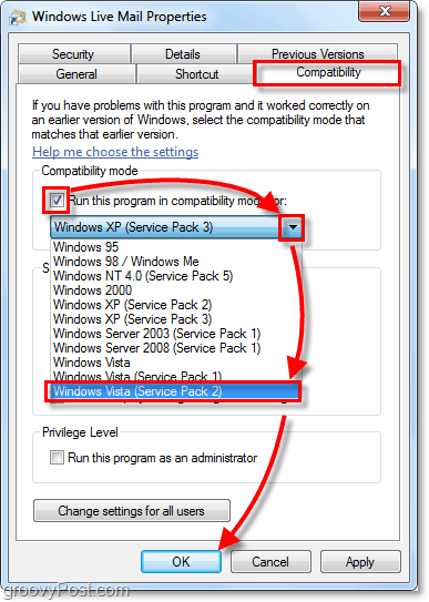 Windows Live pasta vista saderības režīms