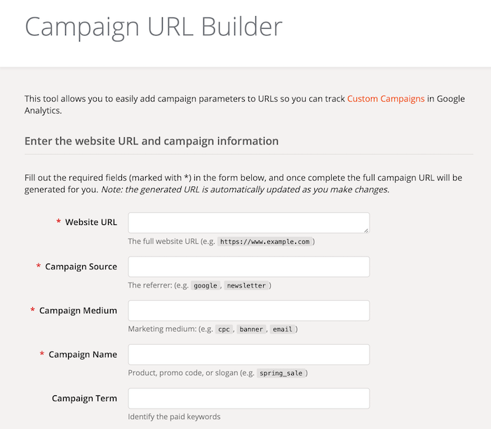 Google Analytics kampaņas URL veidotāja veidlapas lauki