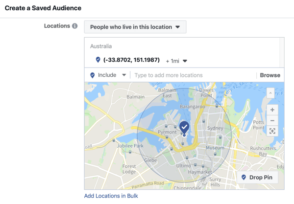 Kā reklamēt savu tiešraides notikumu Facebook, 5. darbība. Iespēja izveidot saglabātu auditoriju, pamatojoties uz notikuma atrašanās vietu