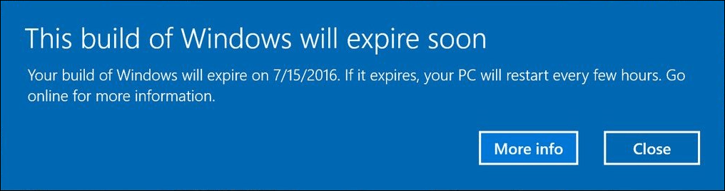 Windows 10 iekšējās informācijas priekšskatījums veido lietotāju brīdināšanu ar paziņojumiem par termiņa beigām