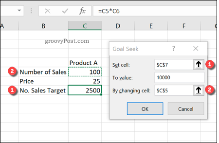 Izmantojot mērķa meklēšanu programmā Excel