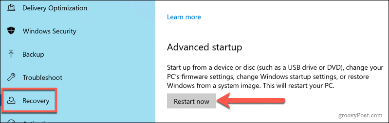 Restartēšana Windows izvērstajā startēšanas opciju izvēlnē