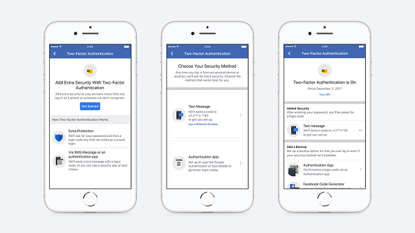 Facebook pilnveidoja iestatīšanas plūsmu, kas lietotājiem ļauj izveidot divu faktoru autorizāciju un novērsa nepieciešamību reģistrēt tālruņa numuru konta drošībai.