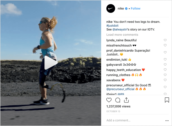 Nike Instagram ziņa, kas reklamē IGTV