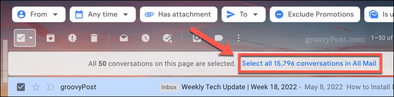 Visu Gmail mapē esošo e-pasta ziņojumu atlasīšana