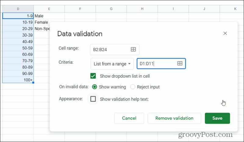 datu validācijas logs Google izklājlapās